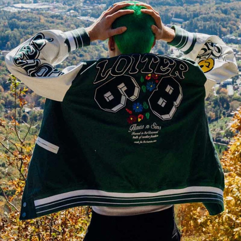 LOITER Flaws And Sins Varsity Logo Jacket size Medium Green Off White $229 - Picture 6 of 16